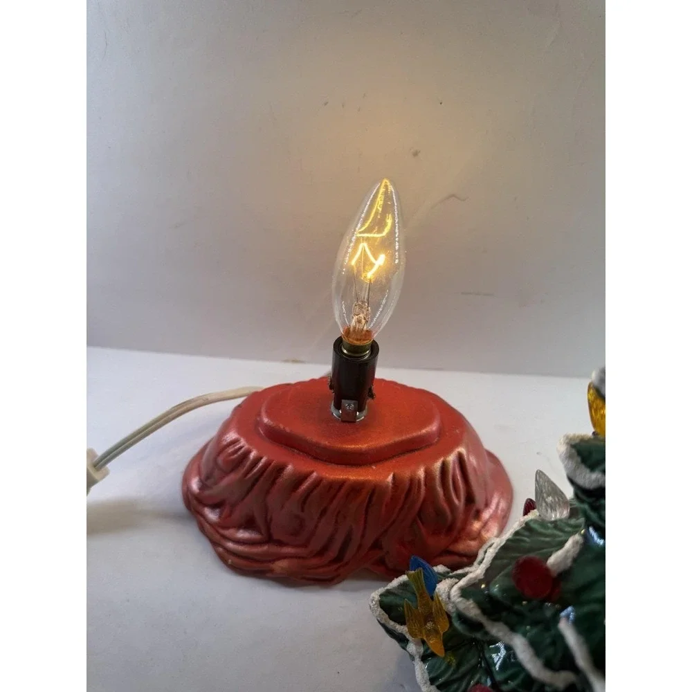 Vintage 1987 Lighted Ceramic Christmas Tree Snow Flocked Multi Color Bird Bulbs